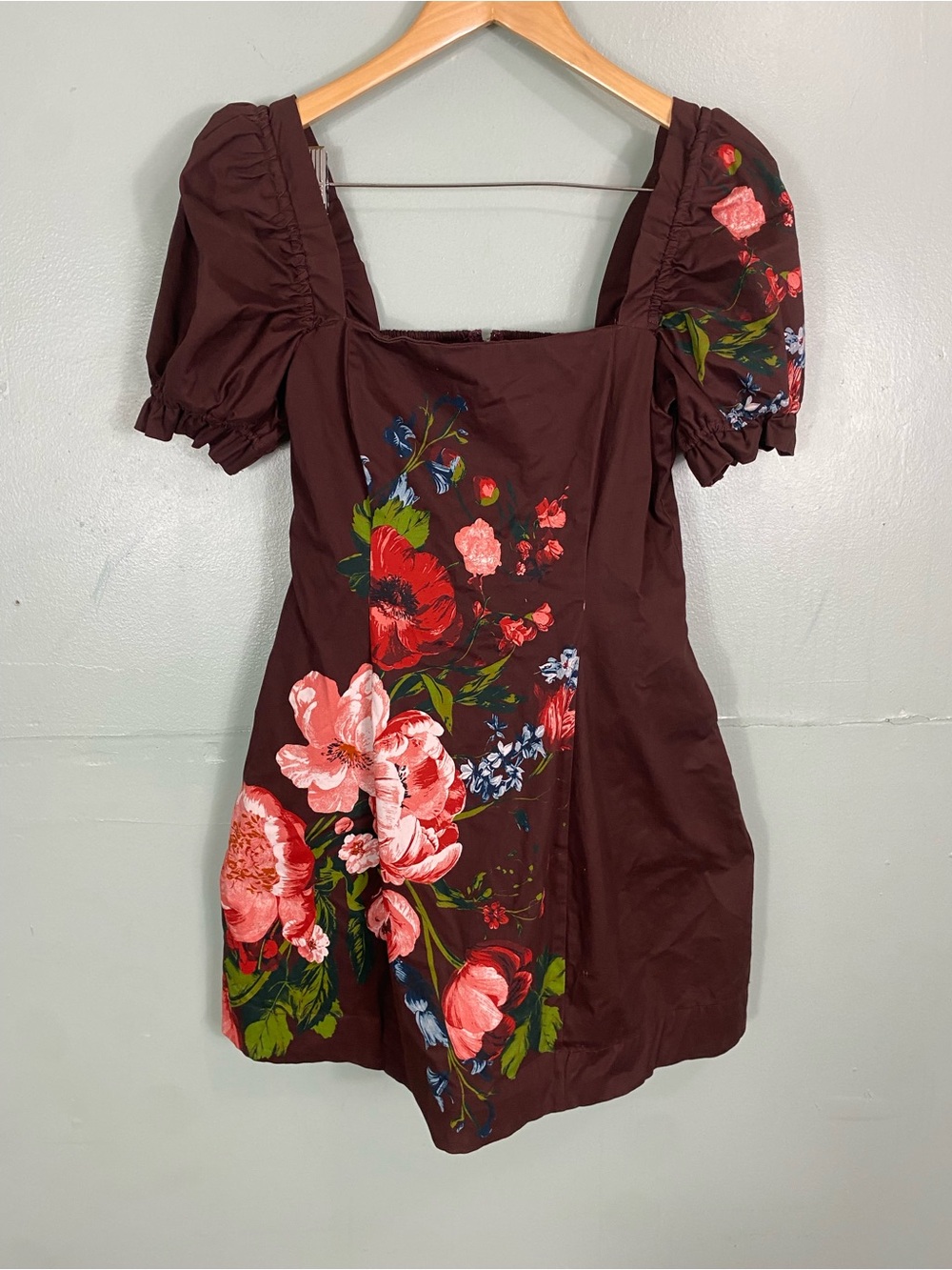 Anthropologie Maeve Puff Sleeve Square Neck Floral Mini Dress Floral Maroon Sz S - Picture 2 of 11